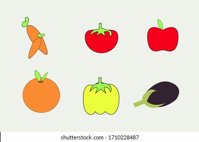 Set of fruits and vegetables vectors, Carrots, Tomato, Cucumber, orange etc 