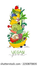 Set of fruits and vegetables, vegetarian food. Organic food. Healthy food concept. Vector illustration