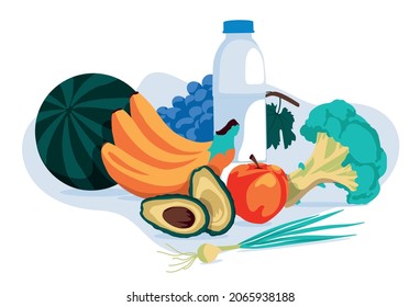 Set of fruits, vegetables and water set objects isolated on white background for vegetarian and healthy lifestyle. Flat vector illustration