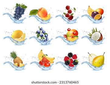 Set of fruits and vegetables in water splashes. Apricot, watermelon, cherry, raspberry, blackberry, coconut, pear, sweet melon, pineapple, strawberry in water splash and drops. Vector illustration.