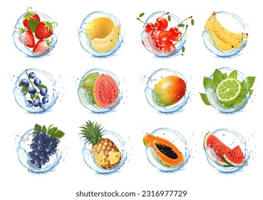 Set of fruits and vegetables in water splashes. Mango, watermelon, cherry, blueberry,  sweet melon, pineapple, strawberry, grape. papaya, banana, guava in water splash and drops. Vector illustration.