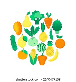 Set of  fruits, vegetables in yellow, orange, green colors. Healthy lifestyle. Vector illustration in flat style.