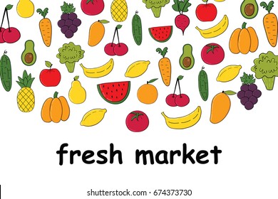 Set of fruits and vegetables.Banner with colorful fruits and vegetables isolated on white background .Vector illustration