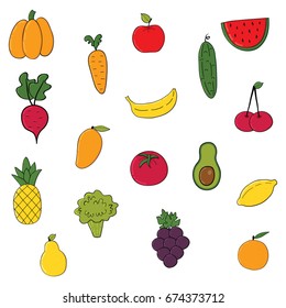 Set of fruits and vegetables.Cartoon vegetable isolated on white background .Vector illustration.Hand drawn