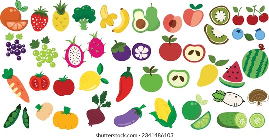 Set of fruits and vegetables.Vector vegetables icons set in cartoon style. Collection farm product for restaurant menu, market label.
