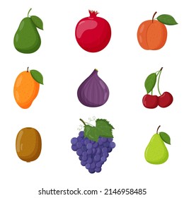 Set of fruits. Vegetarian food, healthy eating concept. Avocado, pomegranate, peach, mango, fig, cherry kiwi grape pear Flat vector illustration