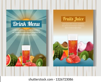 Set of fruits watermelon, kiwi, strawberry, apple juice drink flyer design template with 3d realistic style for brochure, poster, magazine cover, banner, card and background in A4 format size paper.