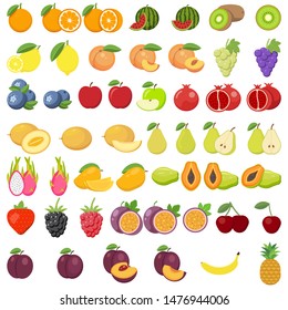 Set of fruits. Watermelon, pineapple, peach, lemon, vegetarian, orange, food, apple, pear, banana cherry strawberry grapes kiwi mango melon plum papaya isolated on white background