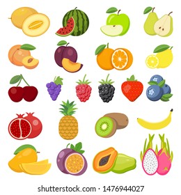 Set of fruits. Watermelon, pineapple, peach, lemon, vegetarian, orange, food, apple, pear, banana, cherry, strawberry, grapes, kiwi, mango, melon, plum, papaya isolated on white background. 