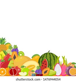 Set of fruits. Watermelon, pineapple, peach, lemon, vegetarian, orange, food, apple, pear, banana cherry strawberry grapes kiwi mango melon plum papaya isolated on white background