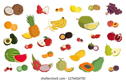 Set of Fruits in Whole and Peeled/Cut - Vector Illustration