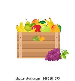 Set of fruits in wooden crates on white background
