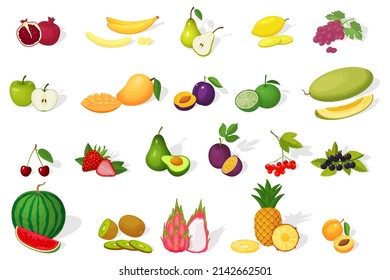 A set of fruits.Colorful cartoon icons of ripe and juicy fruits isolated on a white background.Watermelon,avocado,cherry,lime,petaya,pear,apple,plum,apricot, grape,mango, banana and melon.