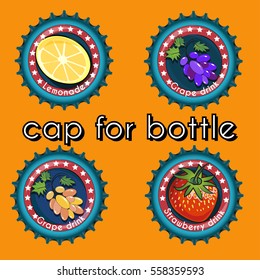 set of fruity bottle caps against orange background. vector