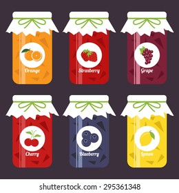 set of fruity jam jars, orange, strawberry, grape, cherry, blueberry, lemon, vector illustration