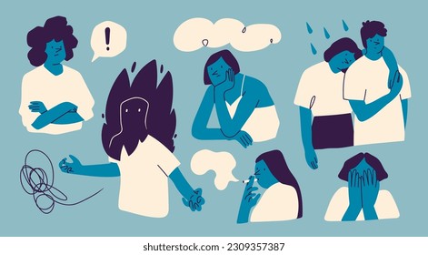 Set of frustrated unhappy people. Cartoon characters. Hand drawn Vector illustration. Bad mood, despair, sadness, confusion, depression, anger, mental health problems, psychological disorders concept