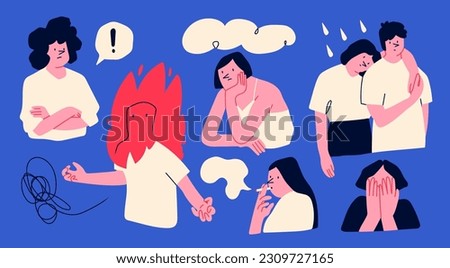 Set of frustrated unhappy people. Cartoon characters. Hand drawn Vector illustration. Bad mood, despair, sadness, confusion, depression, anger, mental health problems, psychological disorders concept