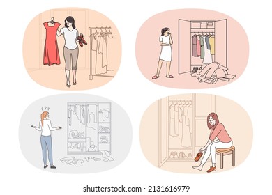 Set of frustrated young woman look at wardrobe think of outfit. Collection of unhappy girl confused with clothing choice in closet need stylist advice. Shopping and buyer. Vector illustration. 