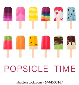 Set of frut popsicles. Colorful bright summer poster. Flat vector illustration.