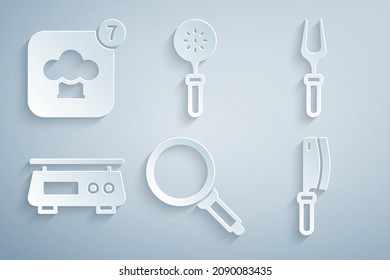 Set Frying pan, Barbecue fork, Electronic scales, Meat chopper, Spatula and Chef hat icon. Vector