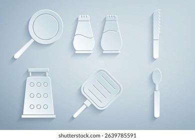 Set Frying pan, Bread knife, Grater, Spoon, Salt and pepper and  icon. Vector