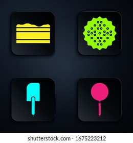 Set Frying pan , Brownie chocolate cake , Spatula  and Cracker biscuit . Black square button. Vector