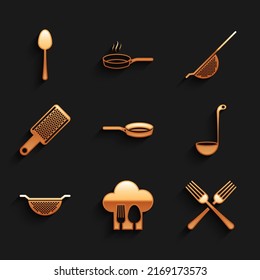 Set Frying pan, Chef hat with fork and spoon, Crossed, Kitchen ladle, colander, Grater,  and Spoon icon. Vector