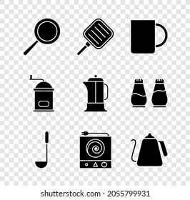 Set Frying pan, Café taza, cocina, cocina eléctrica, hervidor de agua con asa, molino de café manual e icono de prensa francesa. Vector