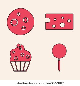 Set Frying pan , Cookie or biscuit with chocolate , Cheese  and Cupcake  icon. Vector