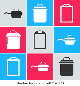 Set Frying pan , Cooking pot  and Cutting board  icon. Vector
