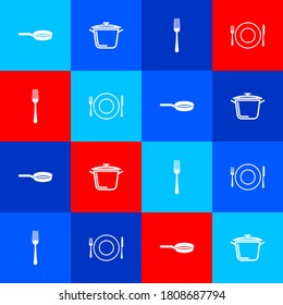 Set Frying pan, Cooking pot, Fork and Plate, fork and knife icon. Vector.