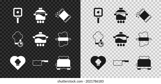 Ponga sartén, olla de cocina, empaque de pimienta, sombrero de chef, saudita, tostadora e ícono. Vector
