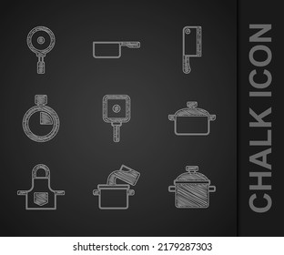Set Frying pan, Cooking pot, Kitchen apron, Stopwatch, Meat chopper and  icon. Vector