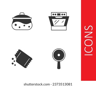 Set Frying pan, Cooking pot, Packet of pepper and Oven icon. Vector