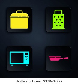 Set Frying pan, Cooking pot, Microwave oven and Grater. Black square button. Vector