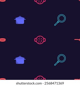 Set Frying pan, Cooking pot, soup and  on seamless pattern. Vector