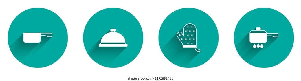 Set Frying pan, Covered with tray of food, Oven glove and Cooking pot on fire icon with long shadow. Vector