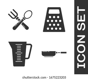 Set Frying pan , Crossed fork and spoon , Measuring cup and Grater  icon. Vector