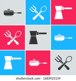 Set Frying pan , Crossed fork and spoon  and Coffee turk  icon. Vector