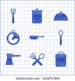 Fijar la sartén, la cuchara y la horquilla cruzadas, la olla de cocina, la cuchara, el café, el temporizador de cocina, cubierto con la bandeja y el icono de la horquilla. Vector