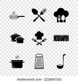 Set Frying pan, Crossed fork and spoon, Chef hat with, Cooking pot, Grater, Kitchen ladle, and icon. Vector