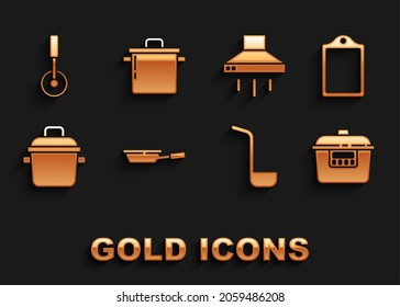 Set Frying pan, Cutting board, Slow cooker, Kitchen ladle, Cooking pot, extractor fan, Pizza knife and  icon. Vector