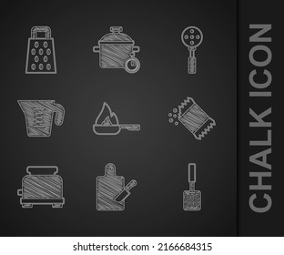 Set Frying pan, Cutting board and knife, Barbecue spatula, Packet of pepper, Toaster, Measuring cup, Spatula and Grater icon. Vector