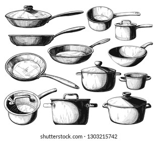 Set of frying pan and different pots isolated on white background. Vector illustration.