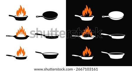 Set of frying pan with fire flame icon cook cooking graphic design