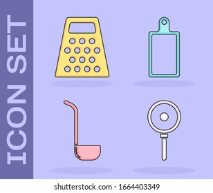 Set Frying pan , Grater , Kitchen ladle  and Cutting board  icon. Vector