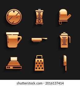 Set Frying pan, Grater, Knife, Teapot, Kitchen extractor fan, Coffee cup, Oven glove and Cutting board icon. Vector