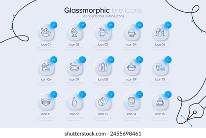 Set of Frying pan, Grill and Saucepan line icons for web app. Scotch bottle, Salad, Tea cup icons. Coffee beans, Cappuccino cream, Fast food signs. Wedding glasses, Takeaway coffee. Vector