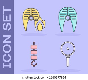 Set Frying pan, Grilled fish steak and fire flame, Grilled shish kebab on skewer stick and Fish steak icon. Vector