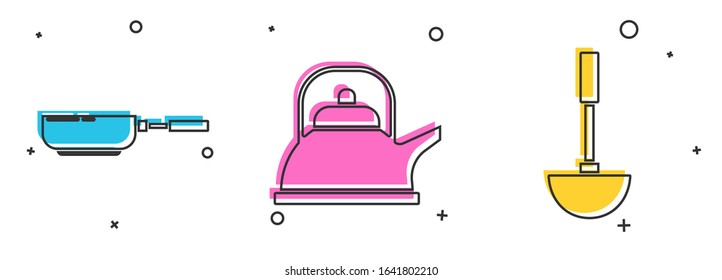 Set Frying pan , Kettle with handle  and Kitchen ladle  icon. Vector